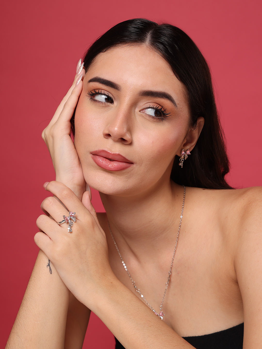 Pink Bow Necklace, Earrings and Ring Set