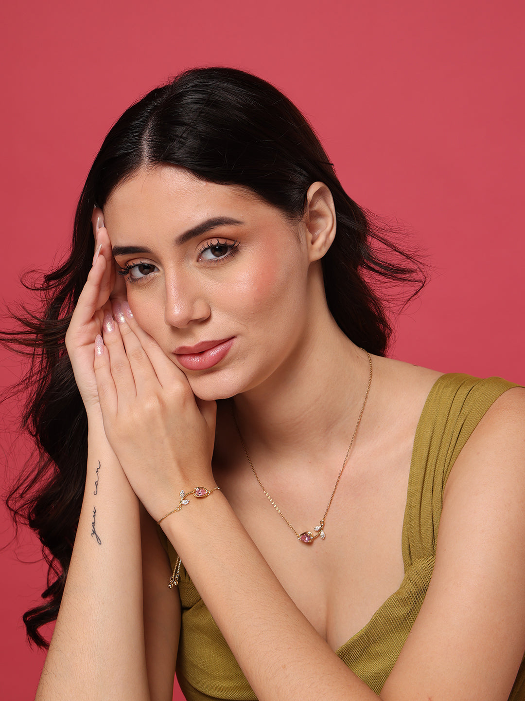 Pink Tulip Necklace and Bracelet Set