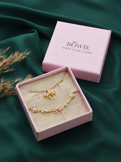 Pink Bow Necklace and Bracelet Set