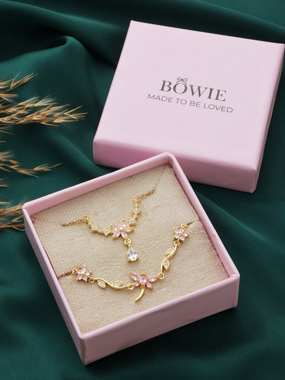 Pink Sakura Flower Necklace and Butterfly Bracelet Set
