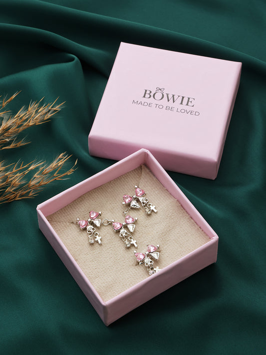 Pink Bow Necklace, Earrings and Ring Set