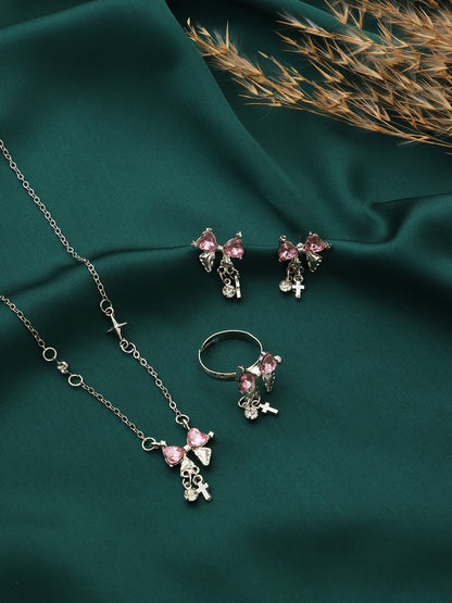 Pink Bow Necklace, Earrings and Ring Set