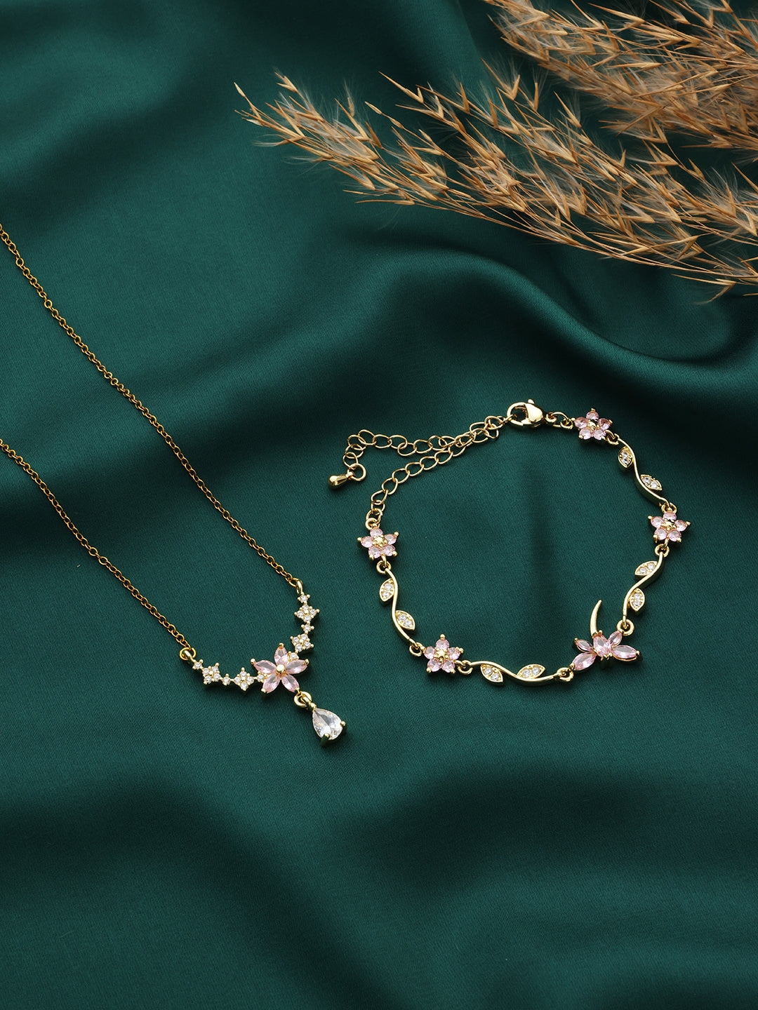 Pink Sakura Flower Necklace and Butterfly Bracelet Set