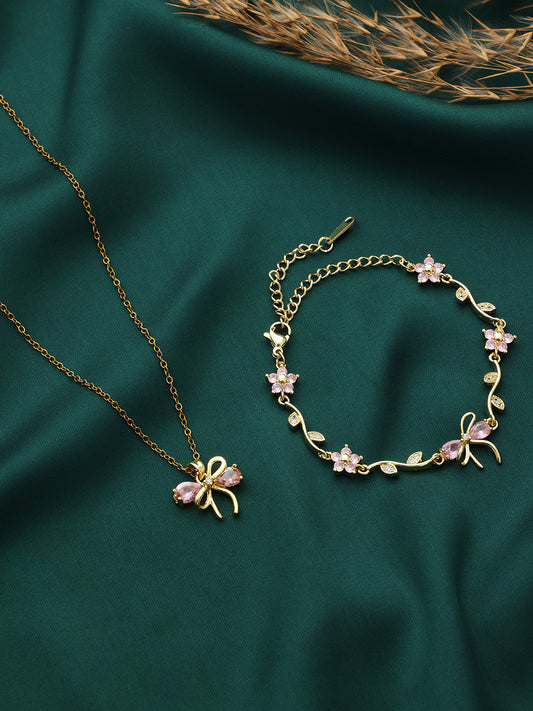 Pink Bow Necklace and Bracelet Set