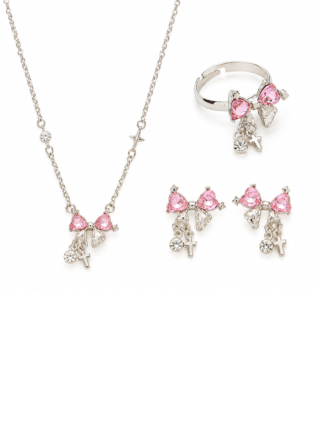 Pink Bow Necklace, Earrings and Ring Set