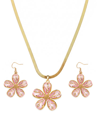 Pink Petal Flower Necklace and Earrings Set