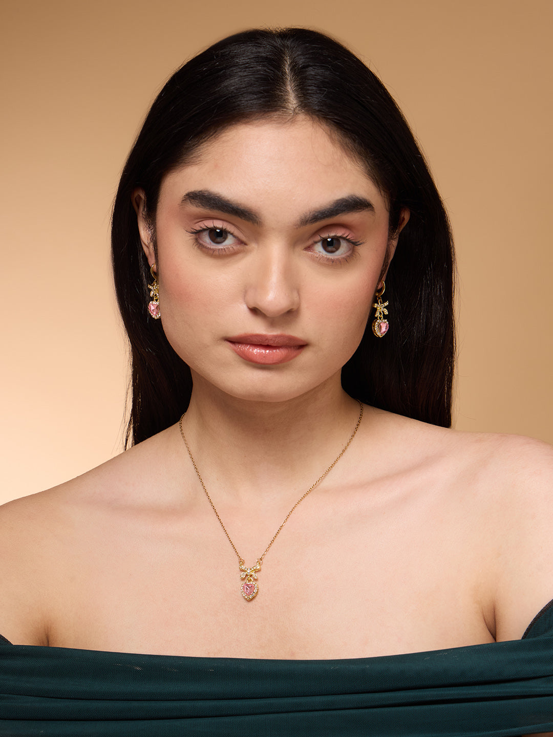Pink Heart Bow Necklace and Earrings Set