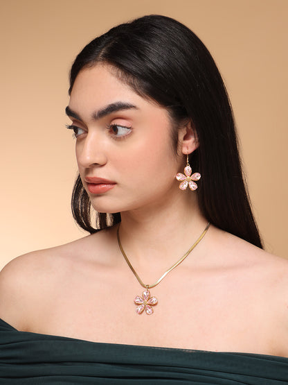 Pink Petal Flower Necklace and Earrings Set