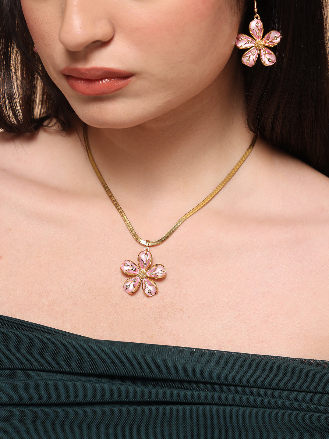 Pink Petal Flower Necklace and Earrings Set