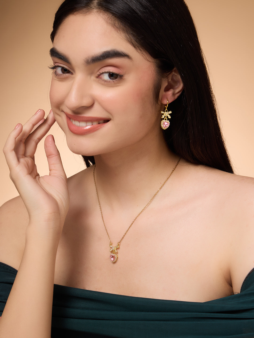 Pink Heart Bow Necklace and Earrings Set