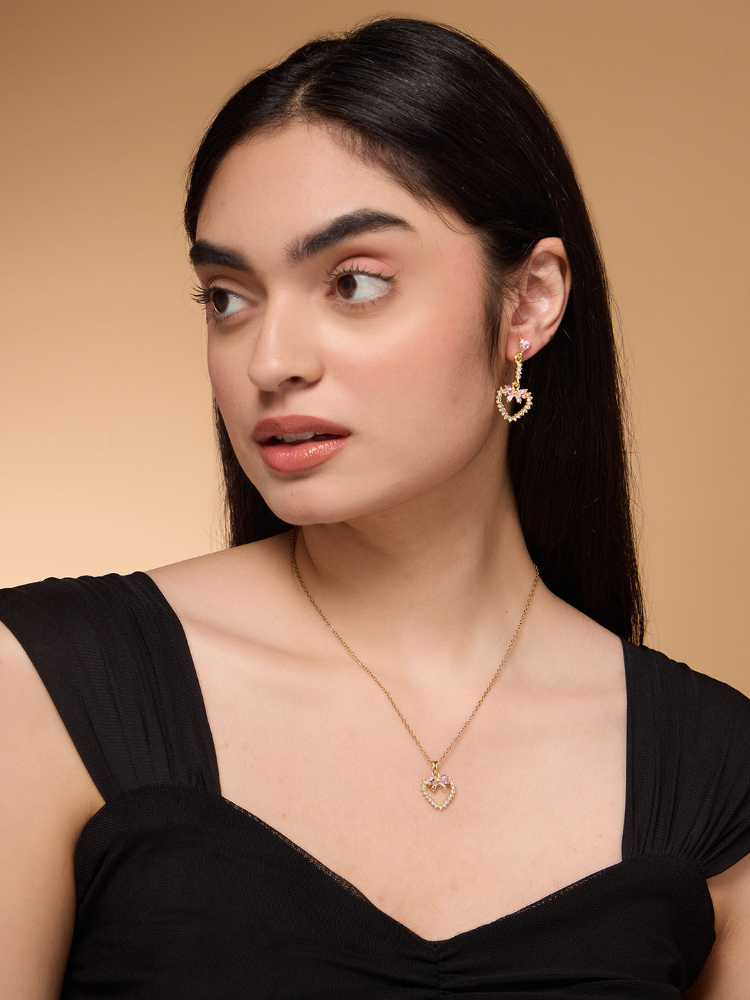 Pink Bow Heart Outline Necklace and Earrings Set