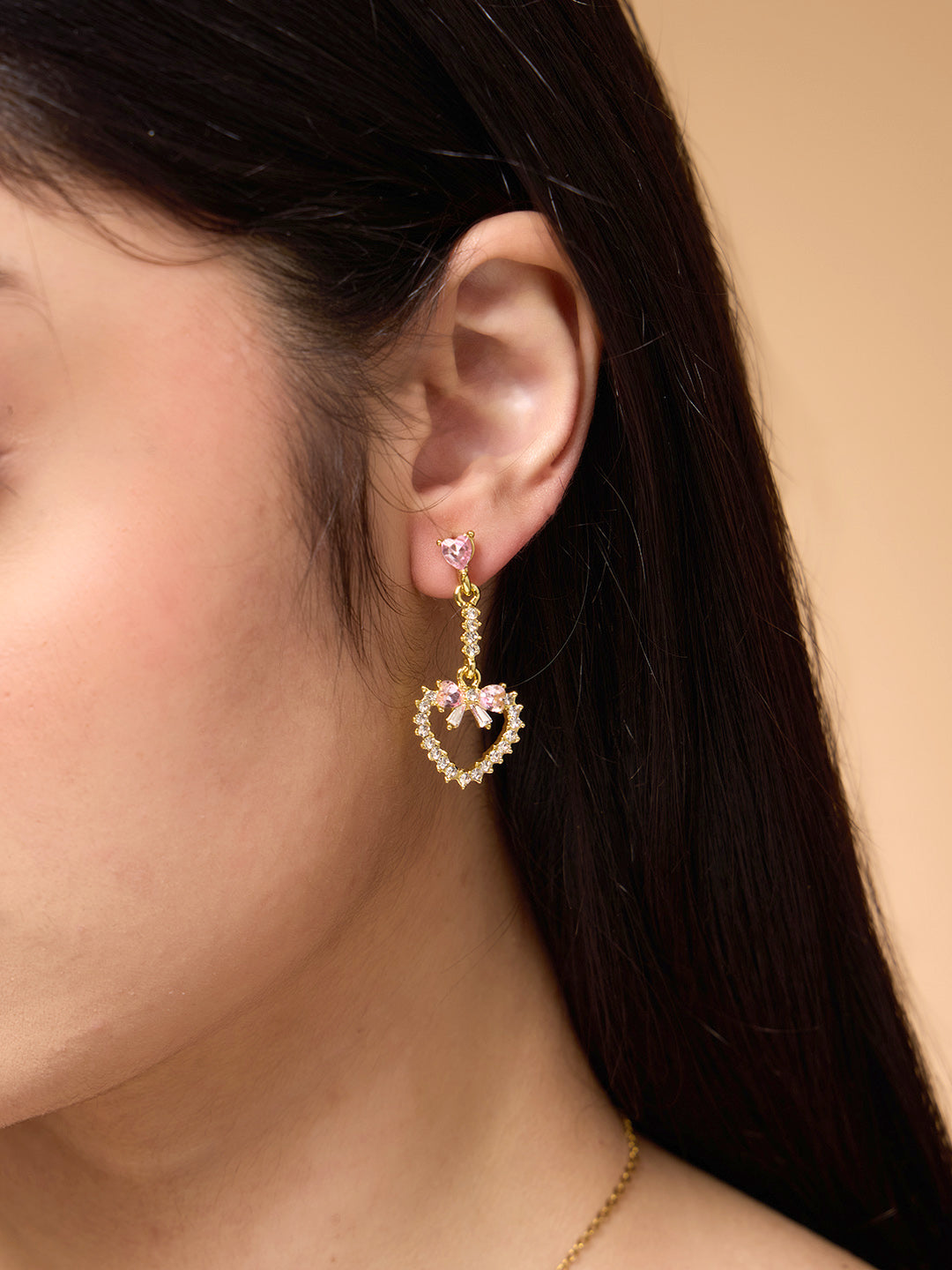 Pink Bow Heart Outline Necklace and Earrings Set