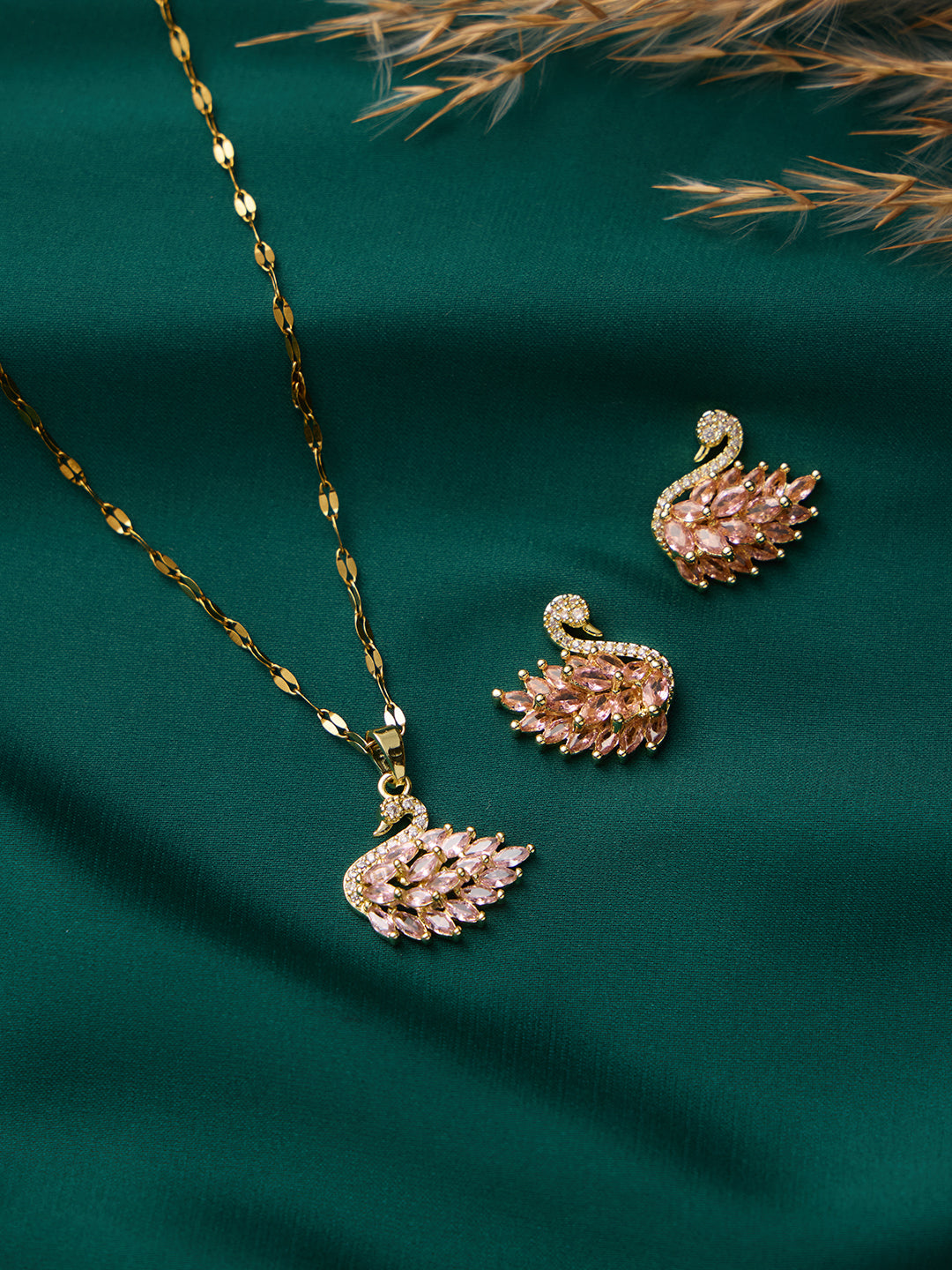 Pink Swan Necklace and Earrings Set