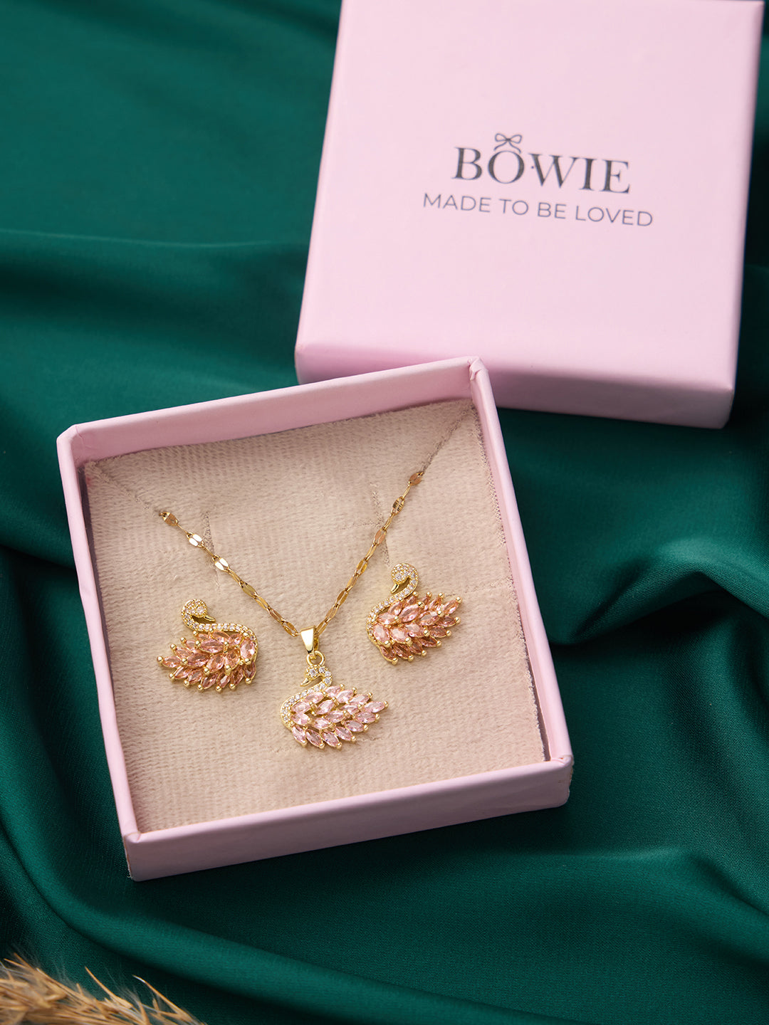 Pink Swan Necklace and Earrings Set