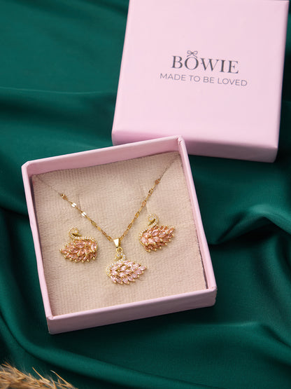 Pink Swan Necklace and Earrings Set