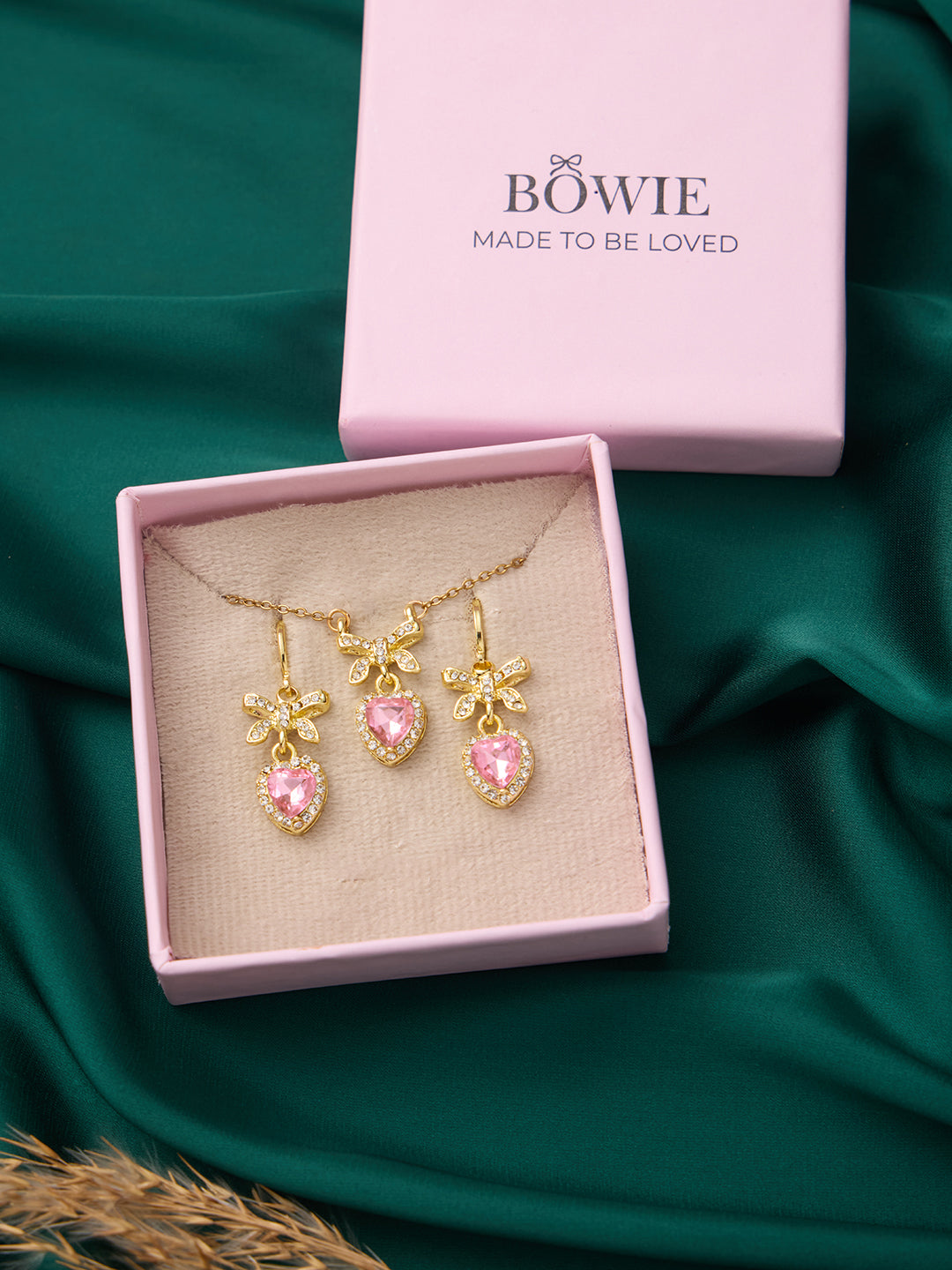 Pink Heart Bow Necklace and Earrings Set