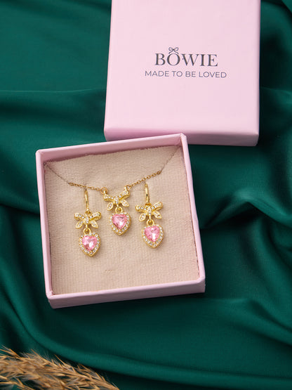 Pink Heart Bow Necklace and Earrings Set
