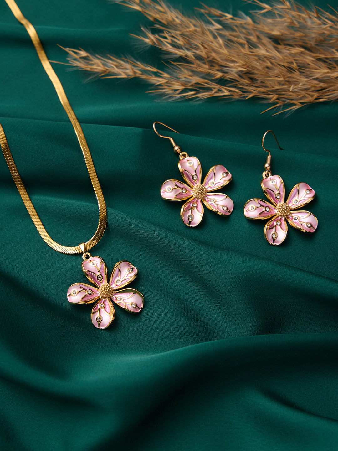 Pink Petal Flower Necklace and Earrings Set