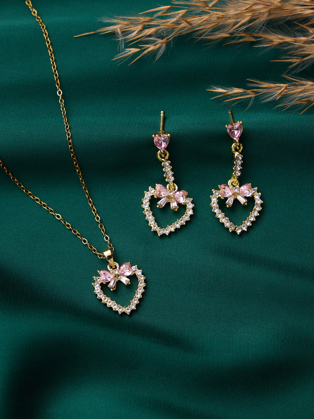 Pink Bow Heart Outline Necklace and Earrings Set