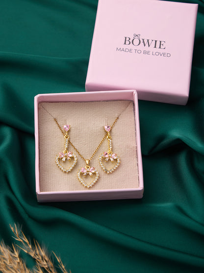 Pink Bow Heart Outline Necklace and Earrings Set