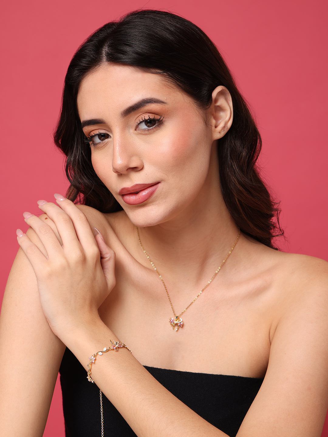 Pink Bow Necklace and Bracelet Set