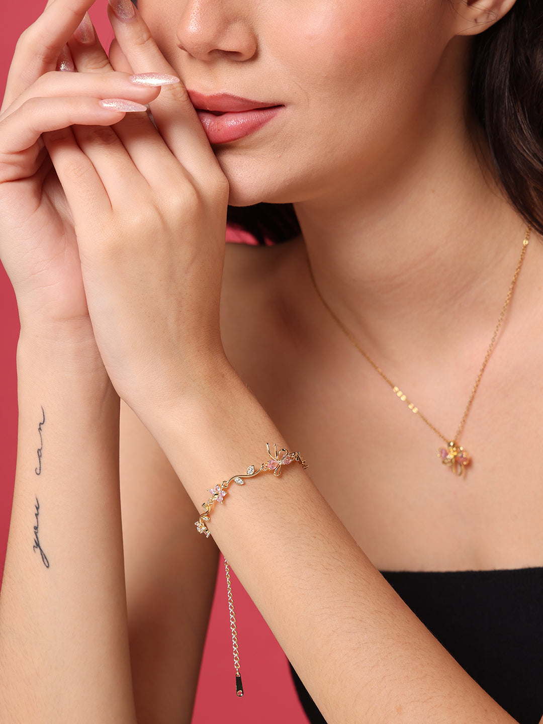 Pink Bow Necklace and Bracelet Set