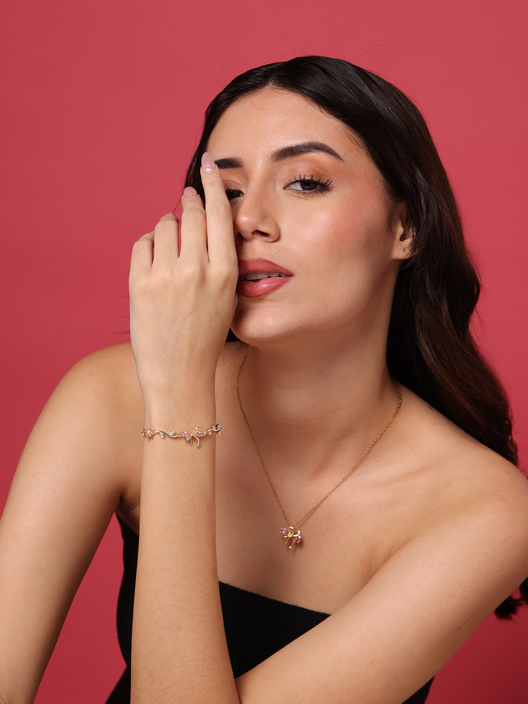 Pink Bow Necklace and Bracelet Set