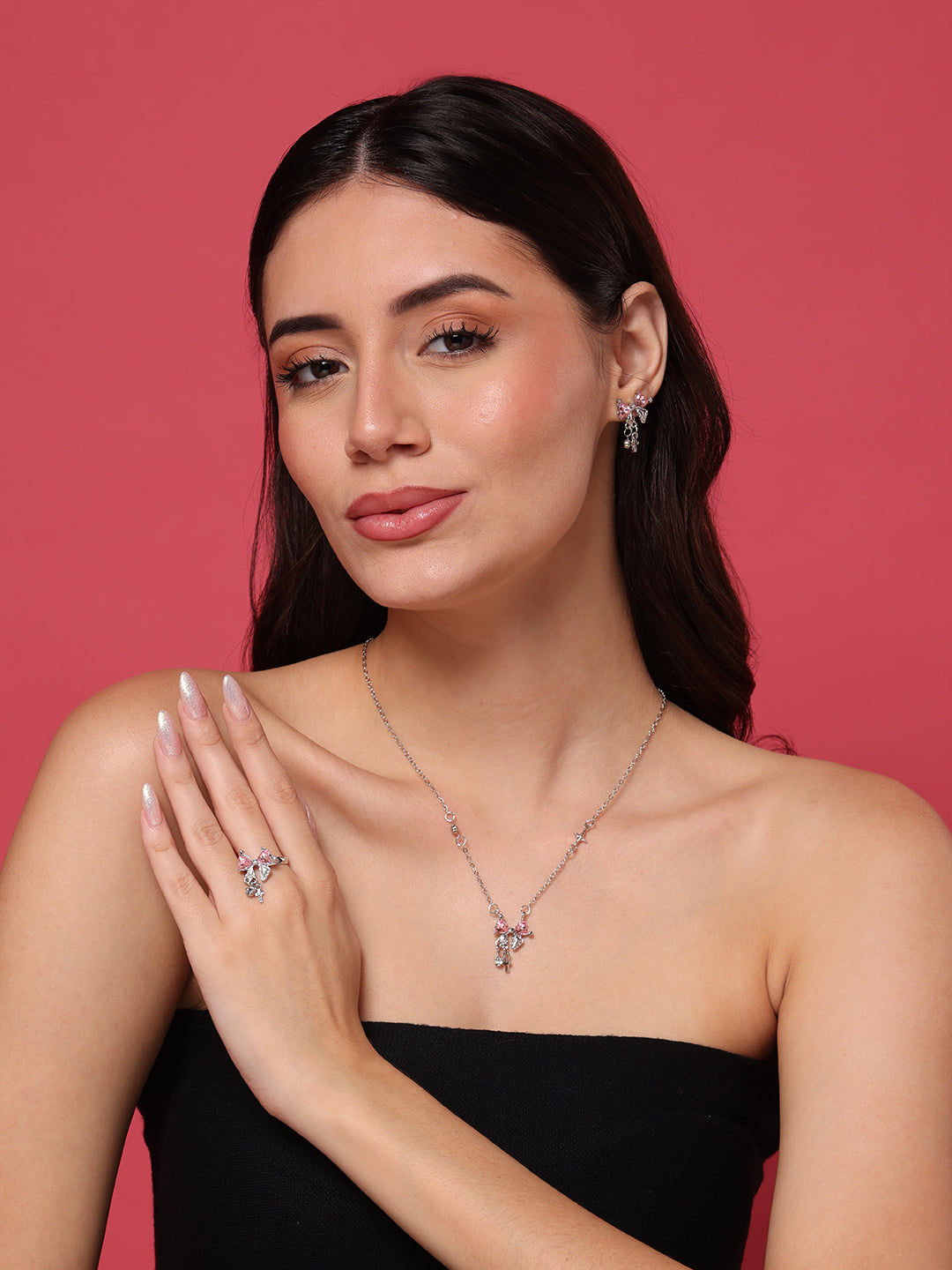 Pink Bow Necklace, Earrings and Ring Set