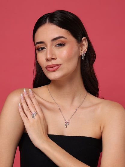 Pink Bow Necklace, Earrings and Ring Set