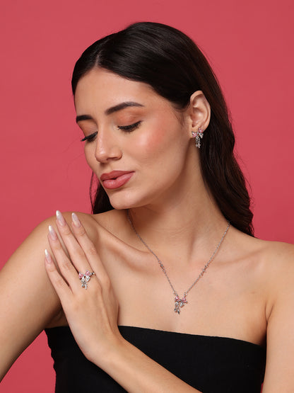 Pink Bow Necklace, Earrings and Ring Set