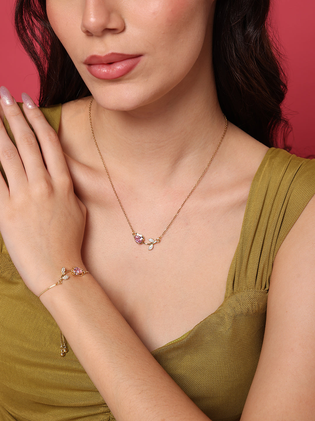 Pink Tulip Necklace and Bracelet Set