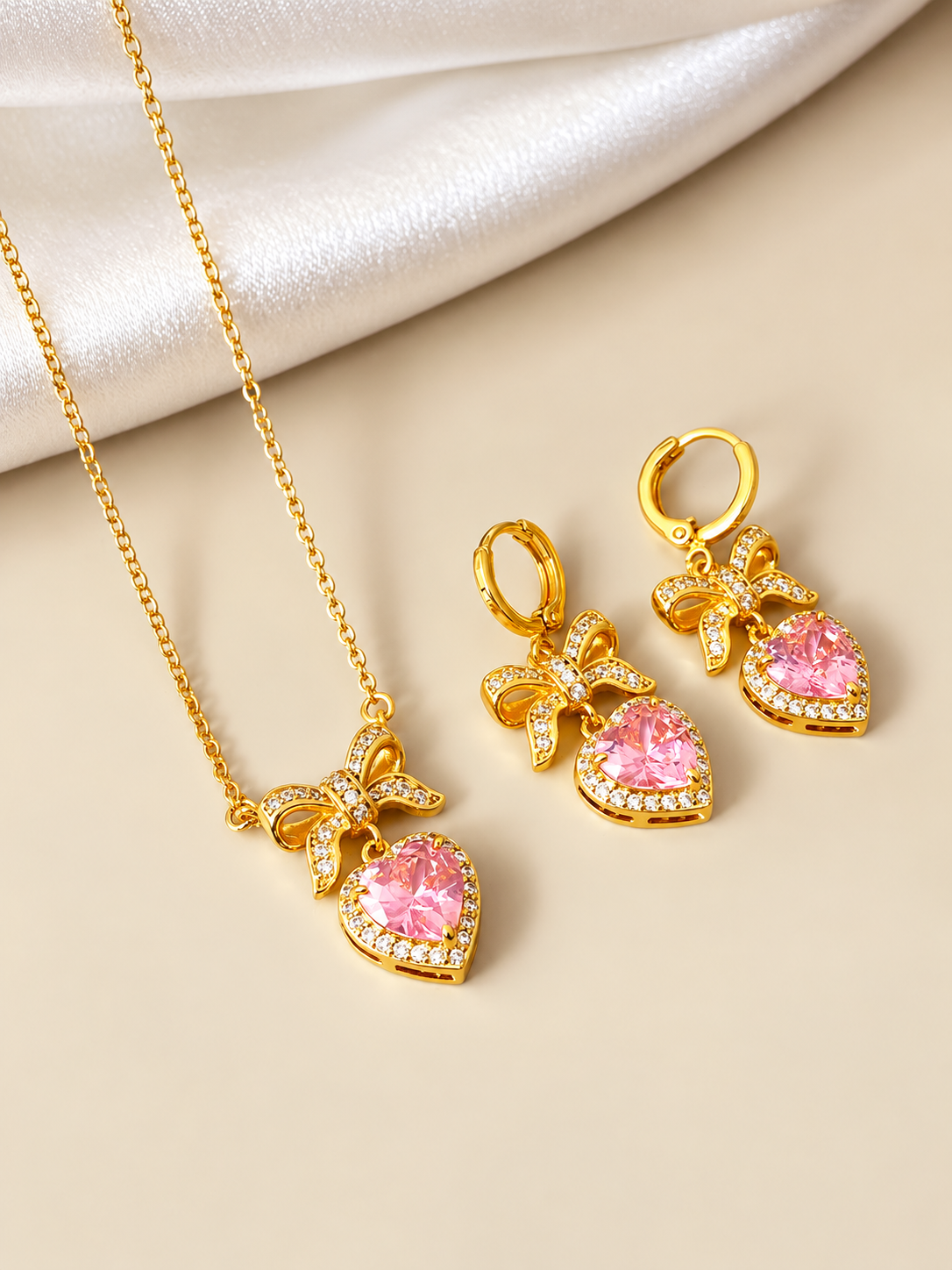 Pink Heart Bow Necklace and Earrings Set