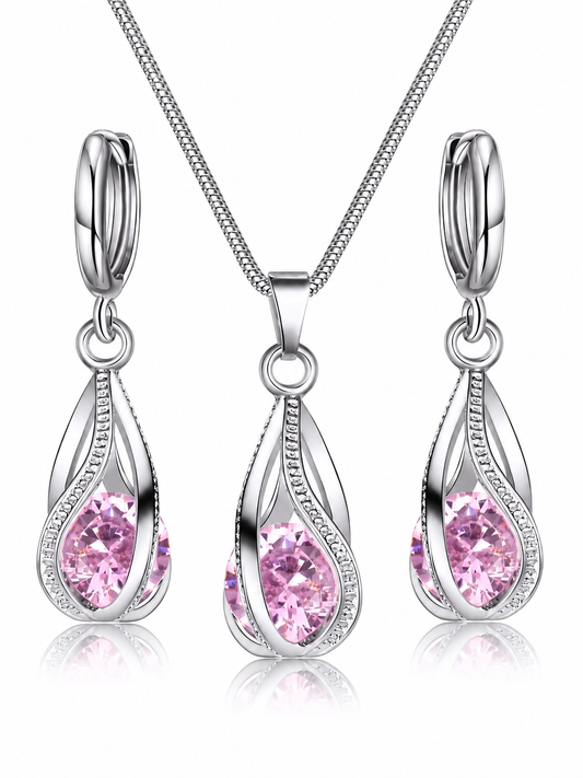 Pink Solitaire Necklace and Earrings Set