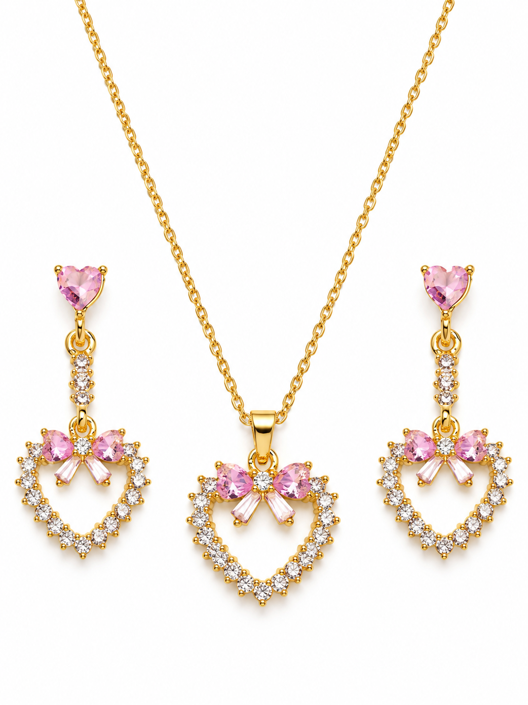 Pink Bow Heart Outline Necklace and Earrings Set