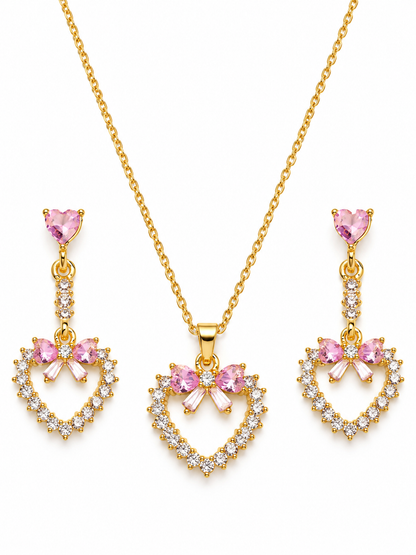 Pink Bow Heart Outline Necklace and Earrings Set