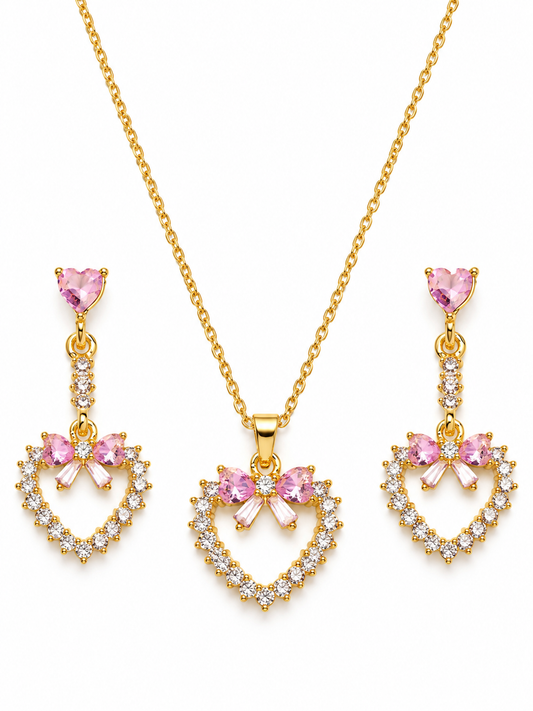 Pink Bow Heart Outline Necklace and Earrings Set