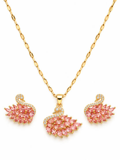 Pink Swan Necklace and Earrings Set